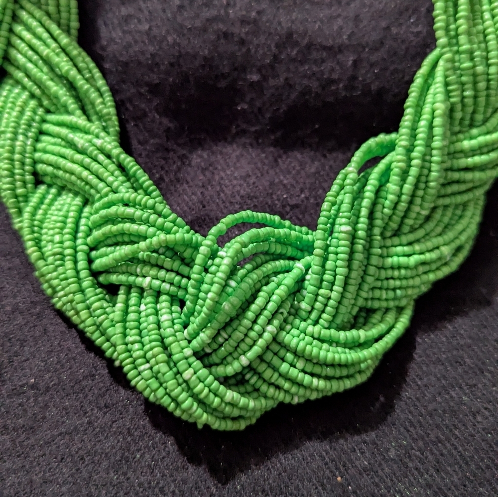 Silvertone Green Seed Bead Braided Statement Necklace - Picture 2 of 4